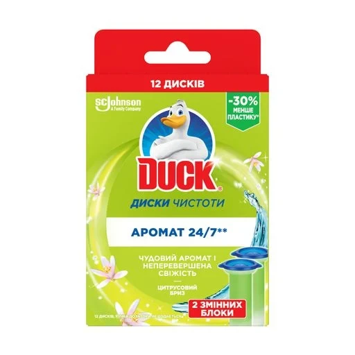 очищувач унітаза duck диски чистоти цитрусовий бриз — Очищувач унітаза гелевий Duck Диски чистоти "Цитрусовий бриз" в змінном